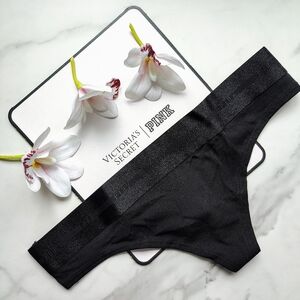 NWT PINK VICTORIA'S SECRET RETRO ELASTIC LOGO THONG PANTY IN PURE BLACK SIZE SMA